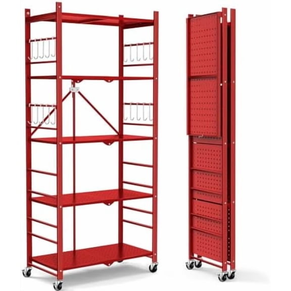 Storage Shelves with 20 Hooks, 5-Tier Foldable Shelves for Storage, Folding Utility Shelf Unit Pantry Shelf with Wheels, Metal Shelving Unit Rack for Garage Christmas Room, Red - No Assembly