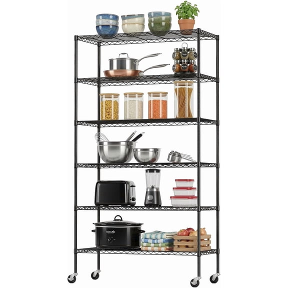Storage Shelves 2100Lbs Capacity, 6-Shelf on Casters 45" L18" W82" H Commercial Wire Shelving Unit Adjustable Layer Metal Rack Strong Steel for Restaurant Garage Pantry Kitchen,Black
