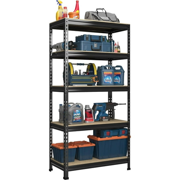 Storage Shelves, 27.5" W X 12" D X 59" H Adjustable Metal Heavy Duty Garage Shelving Unit, 5 Tier Industrial Standing Utility Rack Organizer for Warehouse, Pantry, Kitchen, Basement, Black