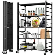 5-Tier Storage Shelving Unit, Heavy Duty Metal Shelf, Foldable Storage Shelf with Wheels, Garage Shelf, Metal Storage Rack, Kitchen Shelf with 4 Hooks, No Assemble Require