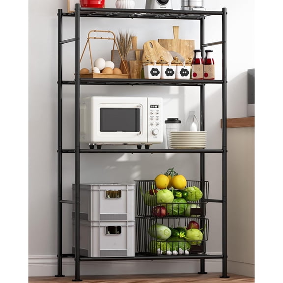 Storage Shelves - 4 Tier Shelf Organizer, Heavy Duty Garage Shelving Unit with Leveling Feet, Stable Metal Shelves Organizer for Pantry, Kitchen and Closet, 33.0" W x 12.6" D x 57.2" H, Black