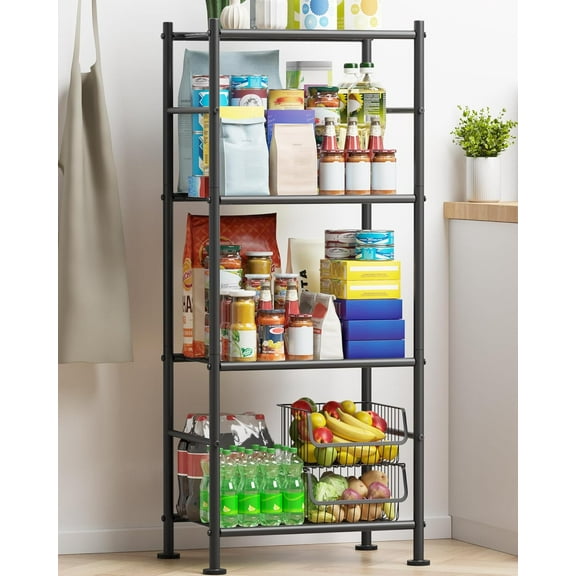 Storage Shelves - 4 Tier Shelf Organizer, Sturdy Metal Garage Shelving with Adjustable Leveling Feet, Space-Saving Shelves Organizer for Pantry, Laundry, Kitchen (18" x 12" x 44", Black)