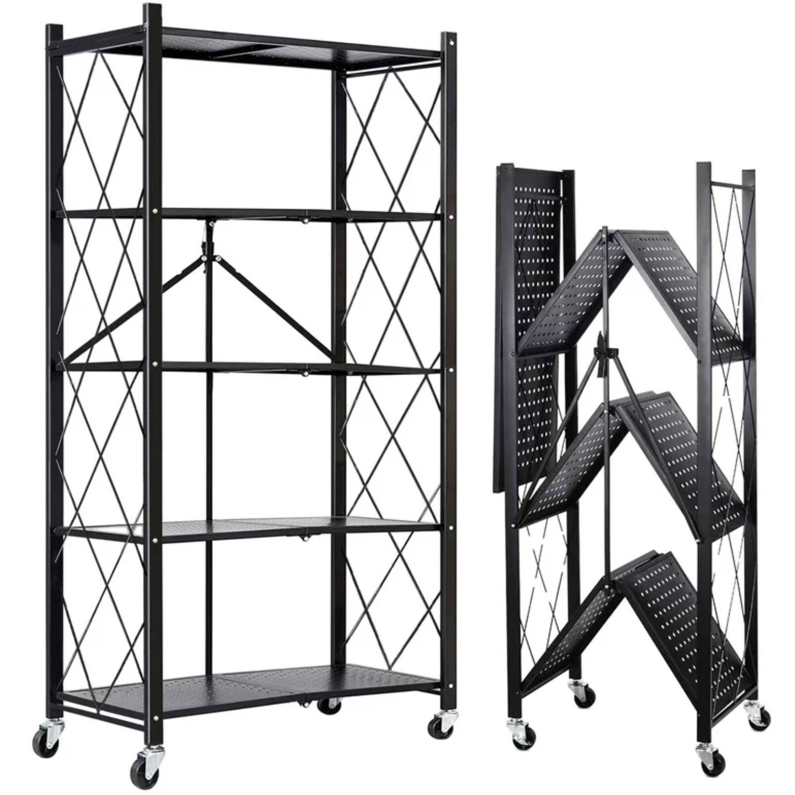 Storage Shelves, 5Tier Foldable Metal Shelf with Lockable Wheels