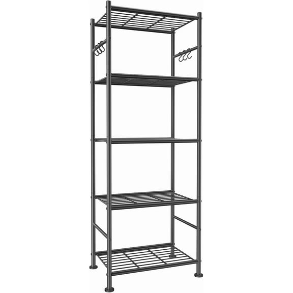 Storage Shelves - 5-Tier Large Capacity Shelf Organizer with Hooks, Heavy-Duty Garage Shelving with Leveling Feet, Wobble-Free Rack for Bedroom, Balcony, Garage, 18.1"12.4"56.8", Black