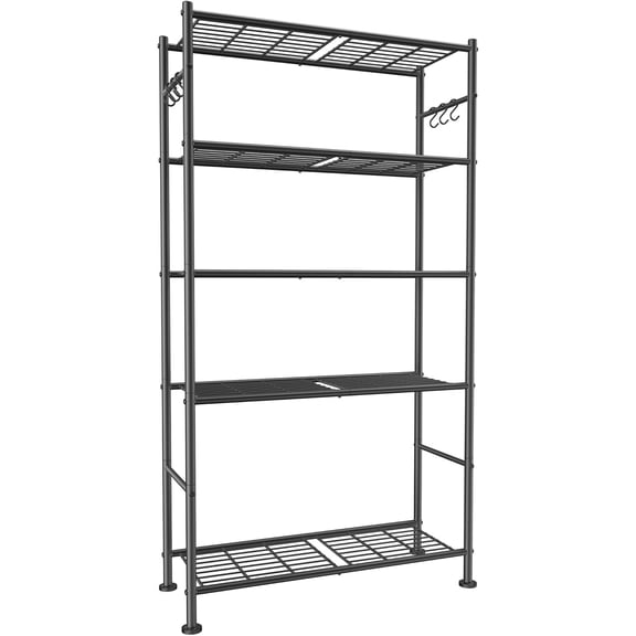 Storage Shelves - 5-Tier Large Capacity Shelf Organizer with Hooks, Heavy-Duty Garage Shelving with Leveling Feet, Wobble-Free Rack for Bedroom, Balcony, Garage, 32.1"12.4"71.4", Black