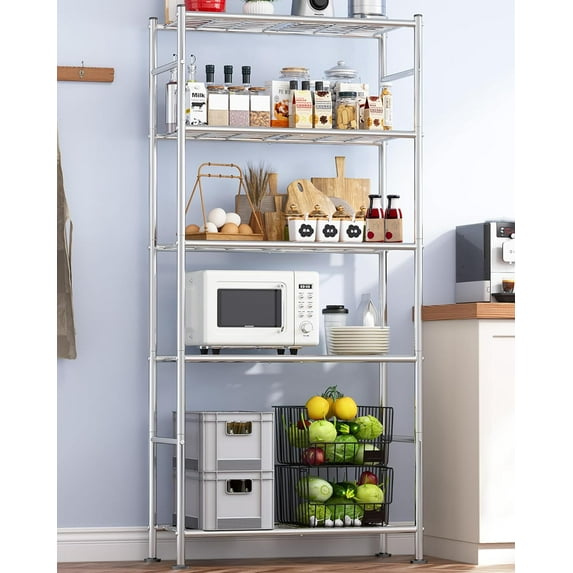 Storage Shelves - 5 Tier Shelf Organizer, Heavy Duty Garage Shelving Unit with Leveling Feet, Stable Metal Shelves Organizer for Pantry, Kitchen and Closet, 33.0" W x 12.6" D x 72.0" H, Silver