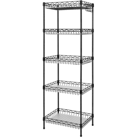 Storage Shelves, 5-Tier Wire Shelving Unit with Baskets Storage Rack Corner Shelf Shelving Adjustable Storage Shelf, 11.8" D x 15.7" W x 63" H, Black