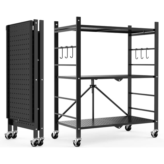 Storage Shelves With 6 Hooks 3 Tier Foldable Shelf Wheels Metal Shelving Unit Rolling Cart Utility Rack Organization For Pantry Kitchen Black - No Assembly