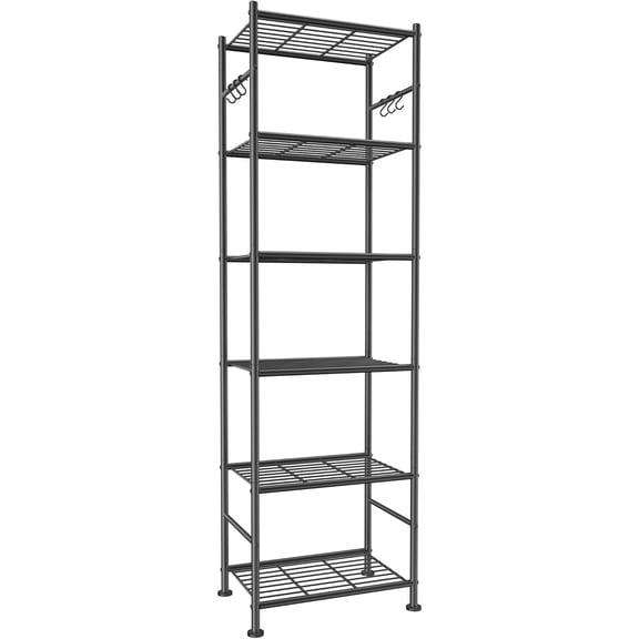 Storage Shelves - 6-Tier Large Capacity Shelf Organizer with Hooks, Heavy-Duty Garage Shelving with Leveling Feet, Wobble-Free Rack for Bedroom, Balcony, Garage, 18.1"12.4"70.1", Black