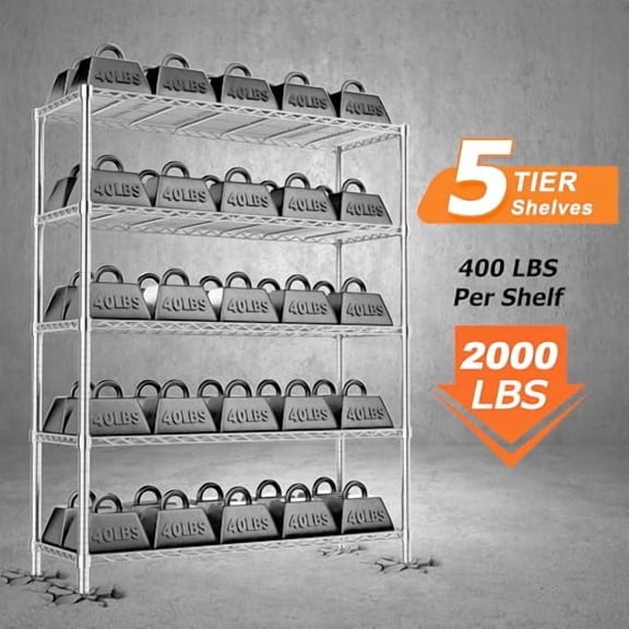 Storage Shelves Heavy Duty, 48" L x 20" W x 72" H Garage Wire Shelving Unit Loads 2000LBS, 5-tier Adjustable Metal Industrial Utility Shelf Rack for Kitchen, Laundry Room, Pantry,