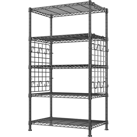 Storage Shelves with Hooks, Metal Shelving 5 Tier Adjustable, 2 Side Panels, Shelving Unit Easy Assemble, Storage Rack 530LBS, Wire Shelving for Kitchen, Pantry, 29.5" W x 11.8" D x 59.1" H