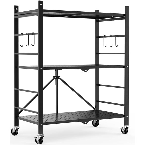 Storage Shelves with Hooks, Tier Foldable Shelf with Wheels, Metal Storage Shelving Unit Rolling Cart, Utility Shelf Rack Organization for Pantry, Kitchen, Black - No Assembly