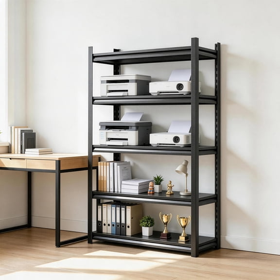 Storage Shelves Metal Printer Stand 5-Tier Tall Bookshelf Adjustable Shelving Unit Organization and Storage for Bedroom, Living Room, Home Office, Kitchen, Balcony, 63"H × 48"W × 24"D, Black