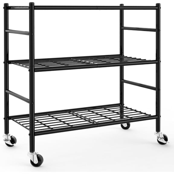 Storage Shelves Organizer - 3 Tier Metal Shelf Organizer with Metal Wheels and Adjustable Leveling Feet, Heavy Duty Garage Shelving for Kitchen, Pantry and Closet, 33.1"x12.6"x32.5", Black