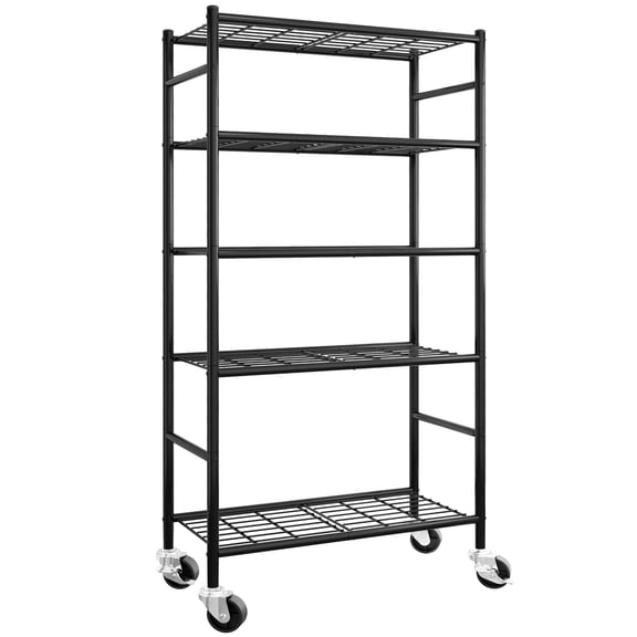 Storage Shelves Organizer - 5 Tier Metal Shelf With Wheels And Adjustable Leveling Feet  Heavy Duty Garage Shelving For Kitchen Pantry Closet 33.1"x12.6"x73.5" Black