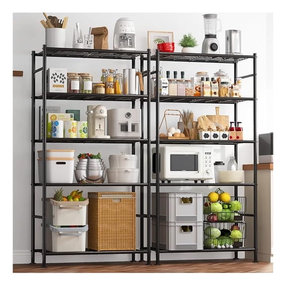 Storage Shelves - Set of 2, 5-Tier Metal Shelf Organizer, Space-Saving Garage Shelving with Leveling Feet, Standing Shelves Organizer for Kitchen, Laundry, Pantry (33.1"x12.6"x72.0", Black)