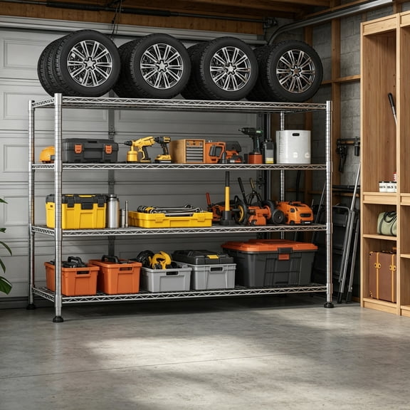 Storage Shelves with Wheels, 4-Tier Heavy Duty Steel Wire Rack Storage Shelving, Adjustable Metal Storage Shelves for Garage, Kitchen, Pantry, Bathroom, Laundry, 18"D x 60"W x 72"H, Silver