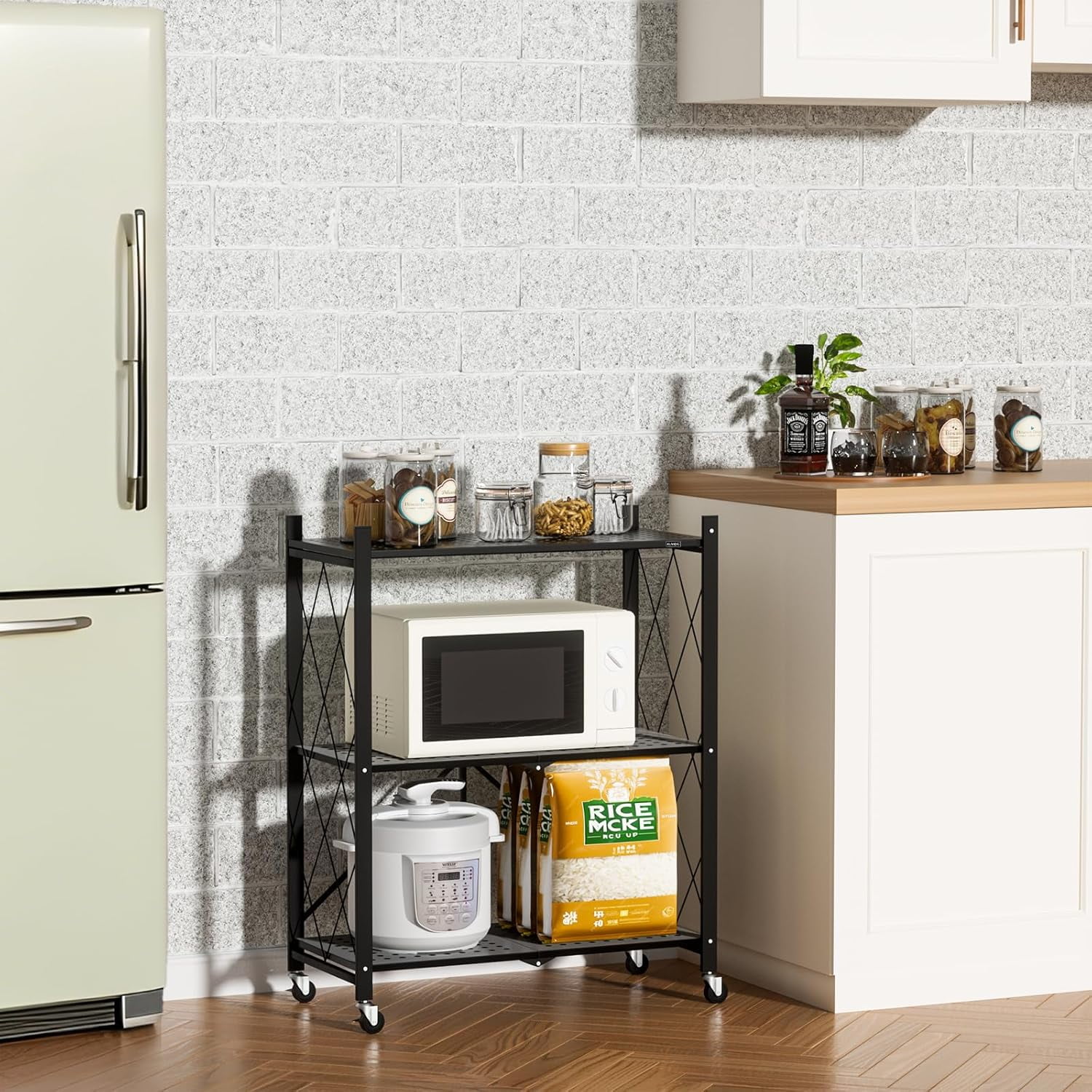 Storage Shelves with Wheels, Bookshelf with Storage, No Assembly Metal