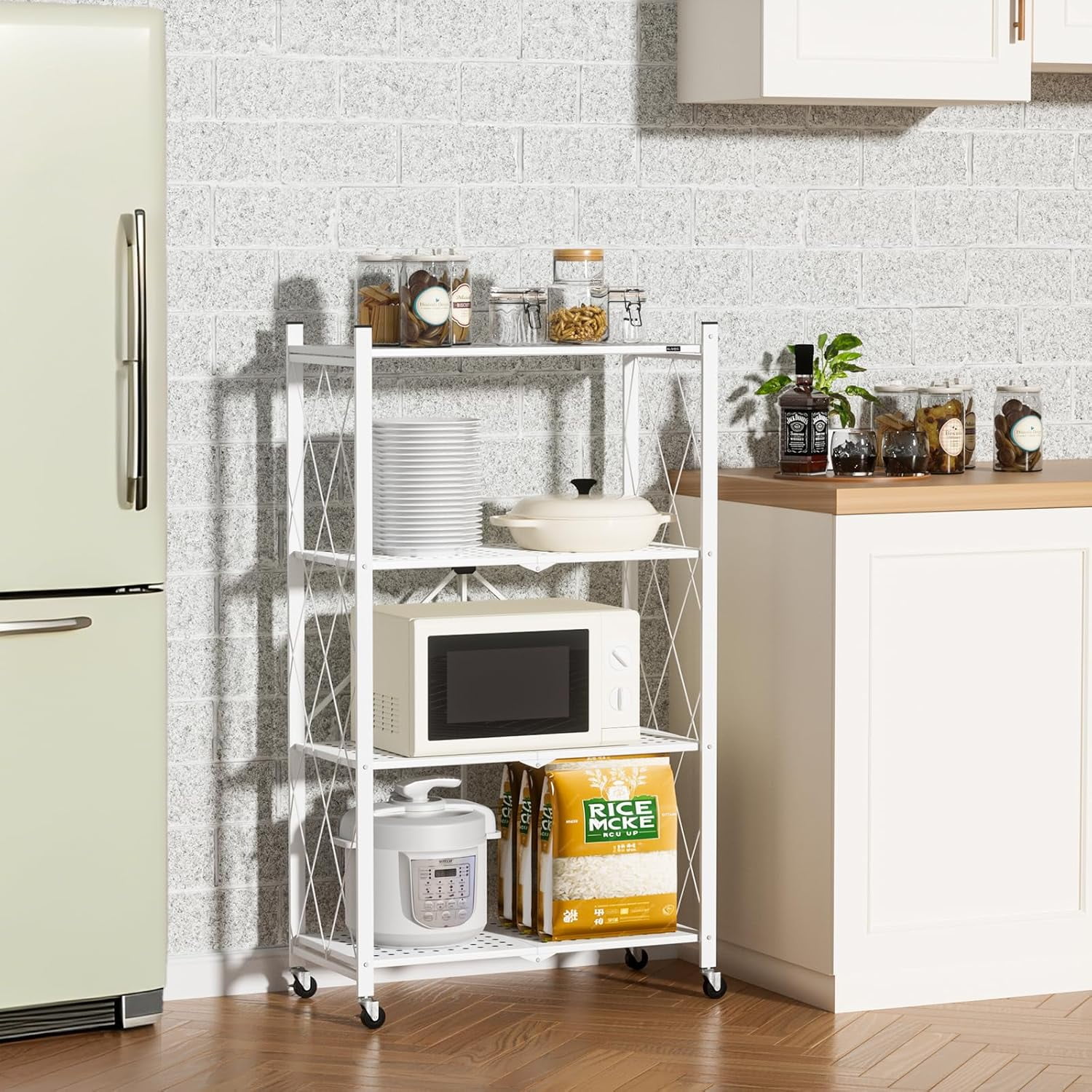 Storage Shelves with Wheels, Bookshelf with Storage, No Assembly Metal