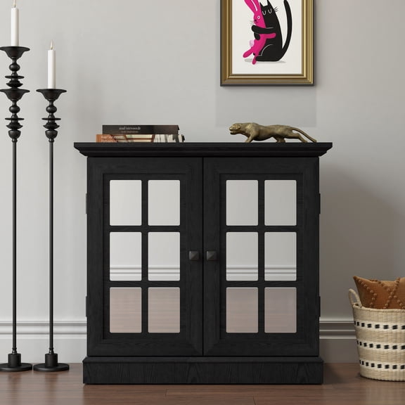 Storage Sideboard Cabinet with 2 Acrylic Mirrored Doors, Adjustable Shelf, MDF Black 3D Wood Grain Finish
