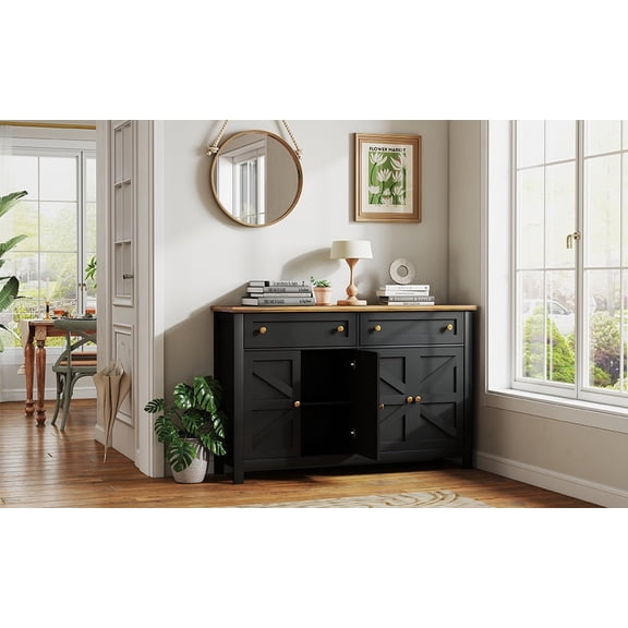Storage Sideboard Side Cabinet with 2 Drawers Coffee Bar Cabinet Tableware Cutlery Wood Cabinet Buffet Cabinet Layered Shelves Door Cabinet for Kitchen Living Room Bedroom Home Grey Black