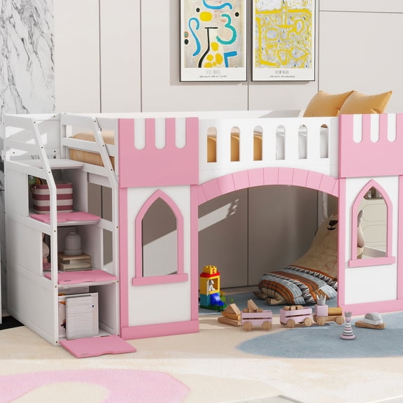 Storage Space & Windows Design - Pink Twin Size Loft Bed Ideal for Bedroom