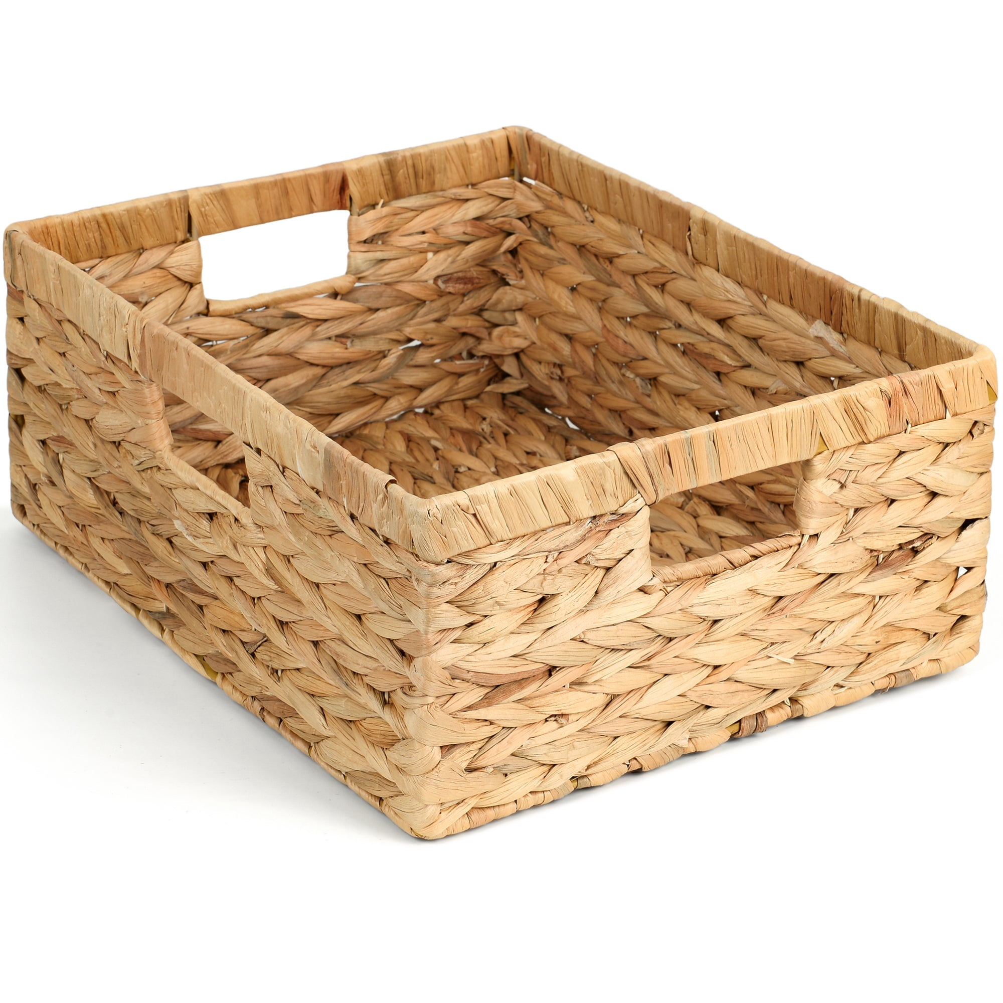 Storage Standard Large Rectangular Water Hyacinth Storage Basket with Cotton Liner, 15" x 12" x 6" Built-In Handles, Natural Woven Shelf Organizer for Pantry, Closet, Living Room
