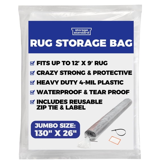 Storage Standard Rolled Rug Storage Bag, 2 Pack - 130” x 26” - Clear, Reusable Rug Shipping Bag, Waterproof 4 Mil Thick Plastic Heavy Duty Rug Cover, Fits Rolled Carpet Up to 9’ x 12’