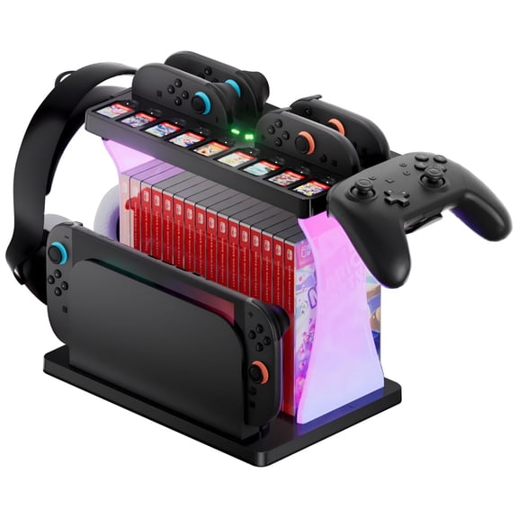 Storage Station Charging Dock for Switch 2 Left Right Controllers, Multifunctional Organizer Rack with 16 Game Discs Bracket and 9 SD Game Card Slots, Pro Controller Holder-Black