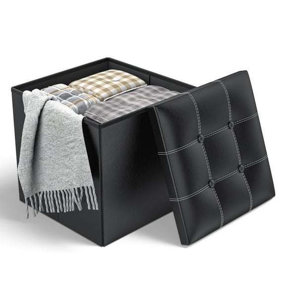 Storage Ottoman, 40L Leather Folding Foot Stool with Thicker Foam Padded Seat, Small Storage Ottoman Bench Foot Rest for Living Room Foldable Coffee Table 15x15x15in,Black