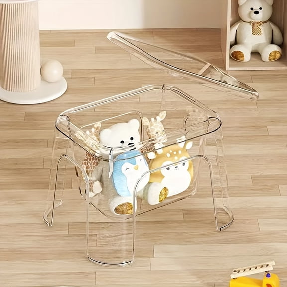 Storage Stool with Lid and Lower Shelf, Clear Step Stool Organizer for Bathroom Home