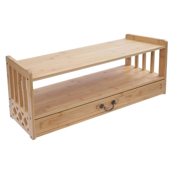 Storage Table, 2 Tier Altar Table with Drawer, Bamboo Furniture Desktop Organizer Multifunctional Desktop Organizer for Puja, Divination, Worship, Displaying Jars, Book (Wood Color, 27.2")