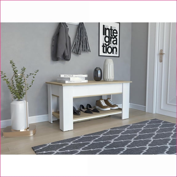 Storage Table, Light Oak & White Contemporary with Liftable Top | Shoe Rack | White | Particle Board