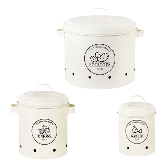 Storage Tins for Potatoes, Garlic, Onion - Set of 3 Metal Container Pots with Lids for Kitchen - Vegetable Containers - White Multi