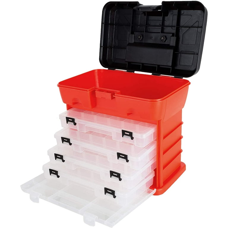 Storage Tool Box - Portable Multipurpose Organizer With Main Top  Compartment and 4 Removable Multi-Compartment Trays by Stalwart,Red,11 in x  7 in x 10 in 