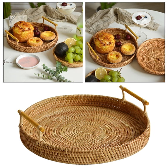 Storage Tray, Round Woven Serving Tray, with Handles Wicker Basket, Decorative Organizer Rattan Bread Tray Restaurant Kitchen Bread Tabletop Brown02