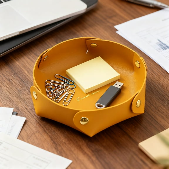 Storage Tray, Zzbeans Foldable Leather Organizer Box, Multipurpose Desk Vanity Entryway Tray with Gold Foil Accents Portable Space Saving, Yellow