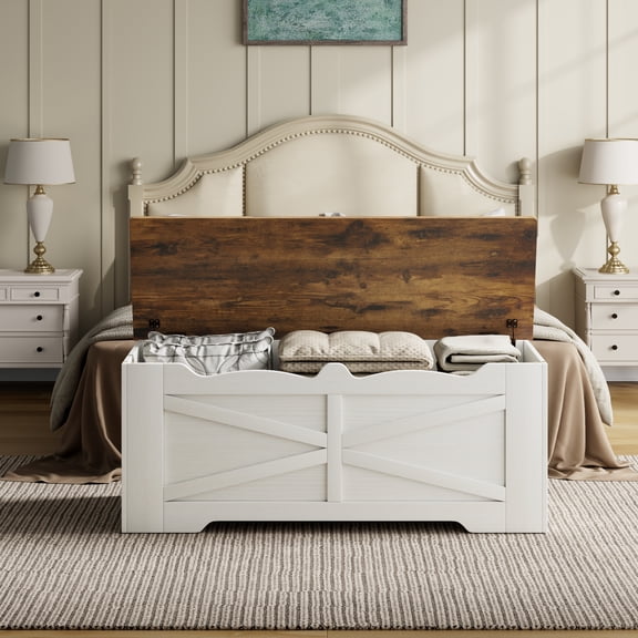 Storage Trunk, 47.2" Large Storage Bench for Bedroom, Lift Top Storage Chest, 300lbs Capacity Engineered Wood Entryway Bench with Storage, 2 Hinges for Living Room Hallway, White & Walnut