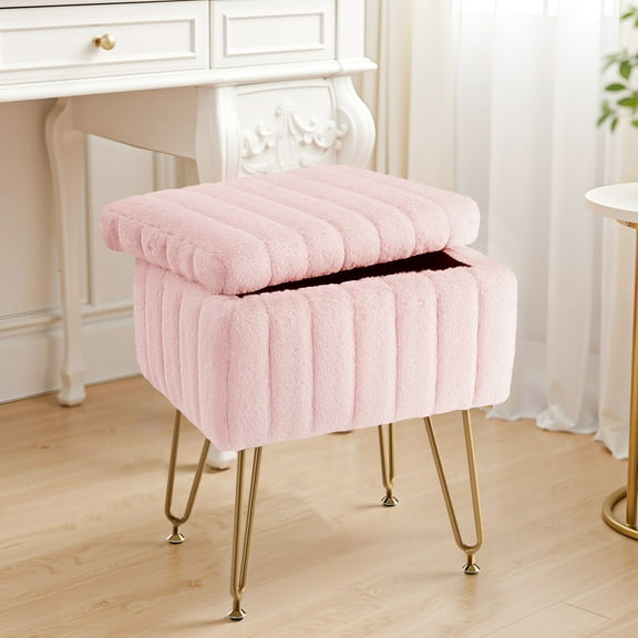 TINKLE WELL Storage Vanity Stool Chair, Soft Faux Fur Makeup Ottoman, Adjustable Anti-Slip Feet, Modern Footrest for Bedroom, Makeup, Entryway, Pink