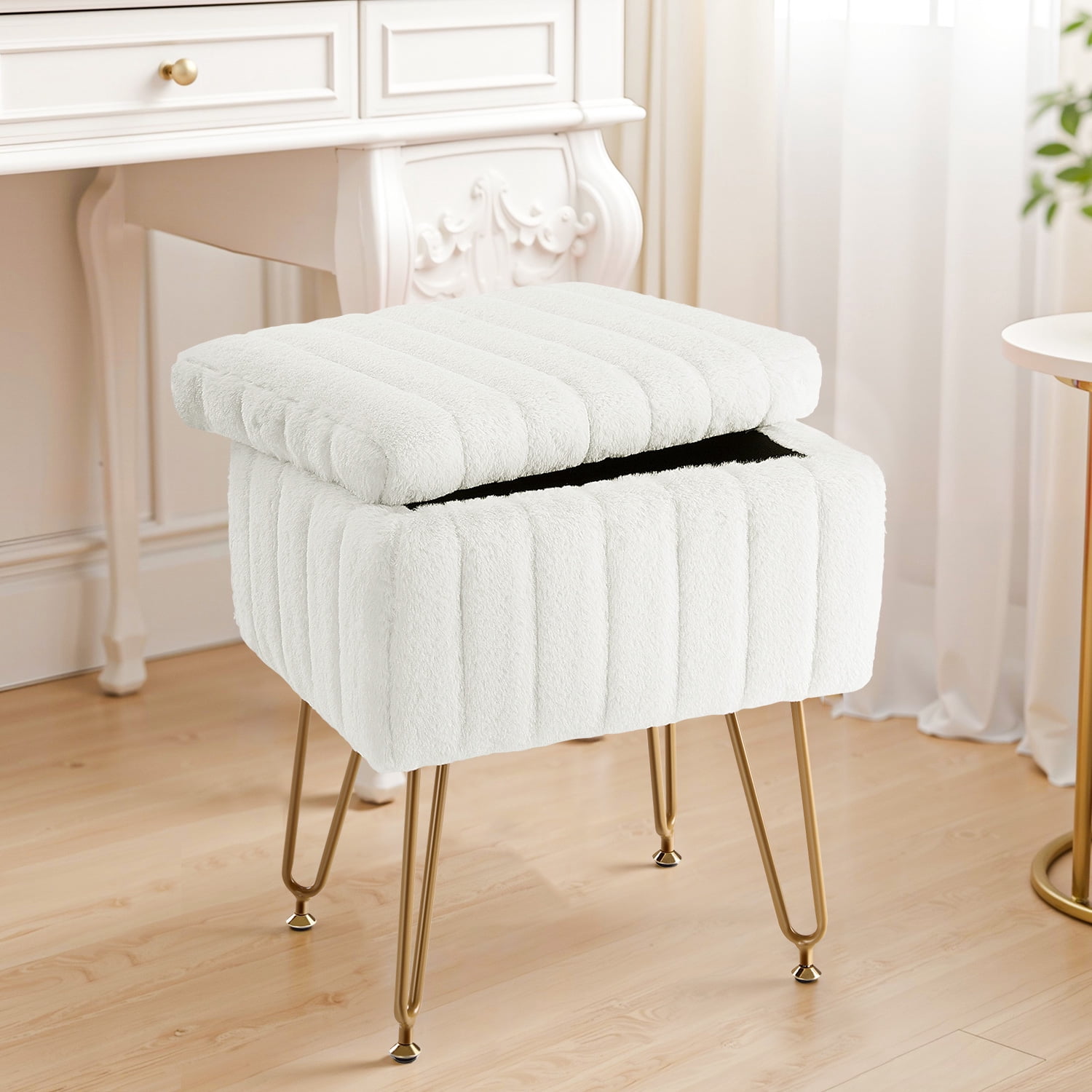 TINKLE WELL Storage Vanity Stool Chair, Soft Faux Fur Makeup Ottoman