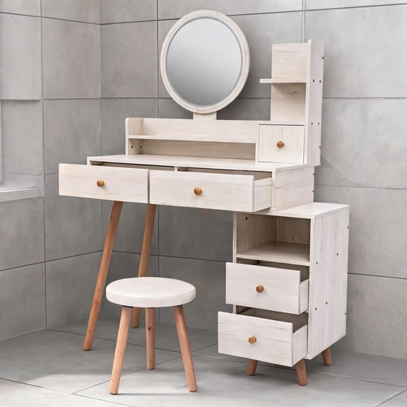 Storage Vanity Table Set with LED Mirror and Cushioned Stool, Classic White Finish, Adjustable Length, Solid Wood/MDF
