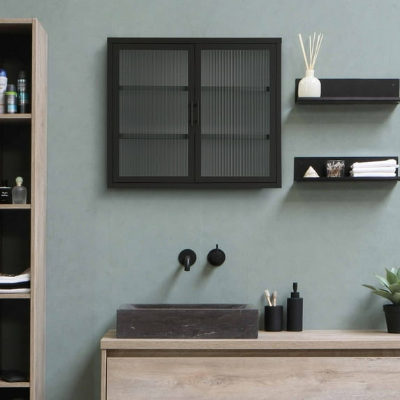 Storage Wall Cabinet with 2 Tempered Glass Doors, Modern Metal 3-Tier Sideboard With Detachable Shelves, Side Cabinet for Office, Dining Room,Living Room, Kitchen, Bathroom, Black