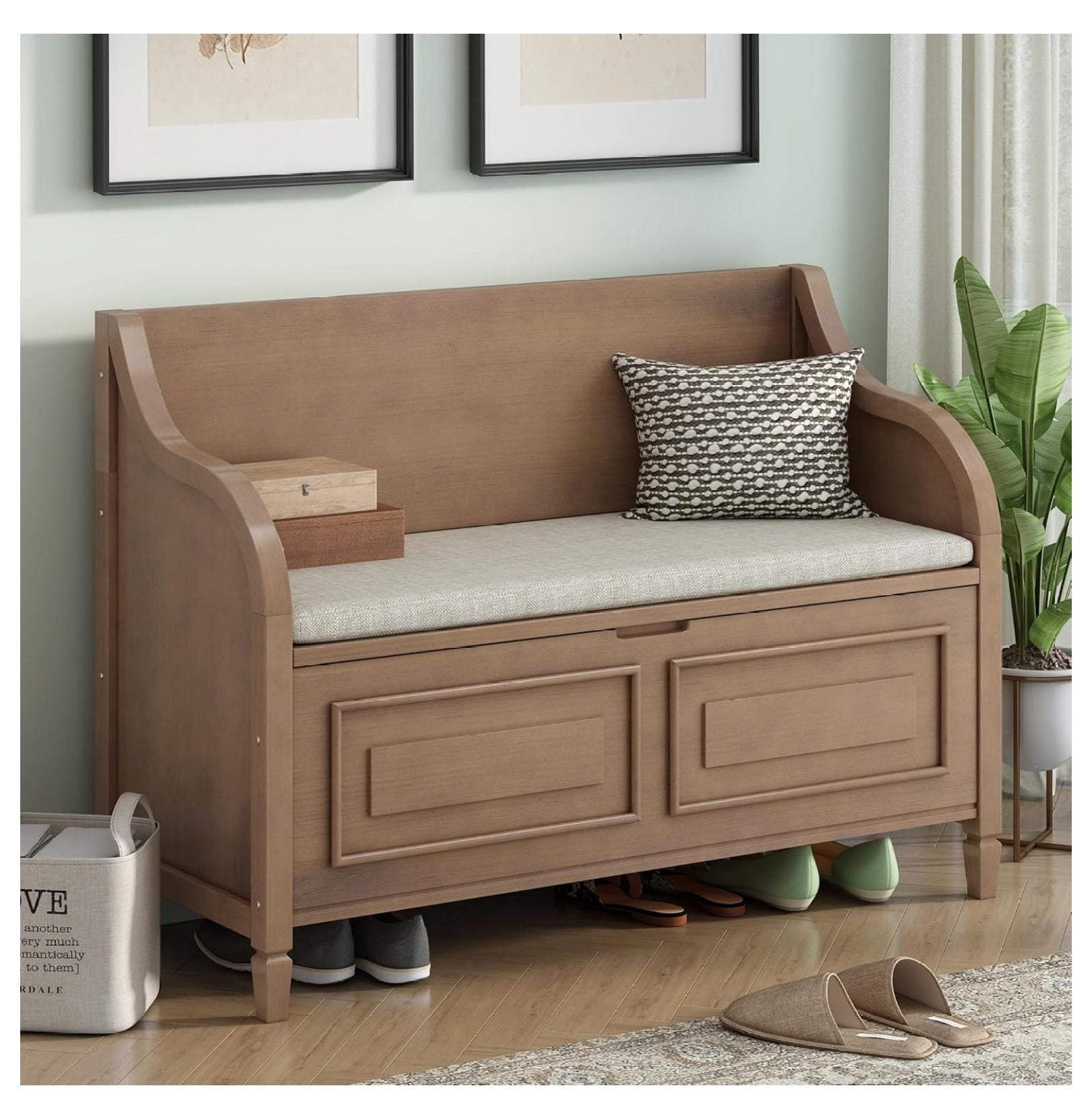 Picture of Storage Wooden Entryway Benches with Shoe Cabinets Under Seat and ...