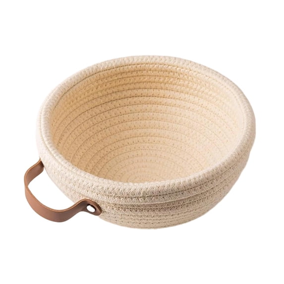 Storage, Woven Basket, Rope Basket, Cotton Rope Basket, 10X4 In, Leather Handles, Food Basket, Woven Storage, Open Holding, Light Tan, Round Silhouette, 1 Pc