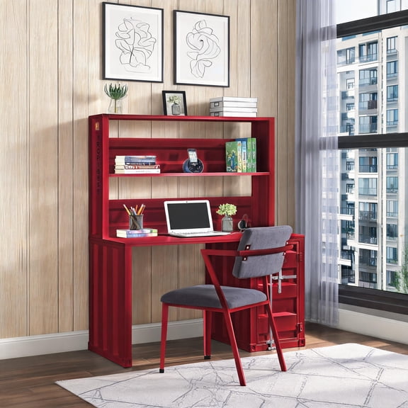 Storage Writing Desk with Hutch, Red Finish Metal Rectangular Sled Base Desk for Indoor Home Work Use