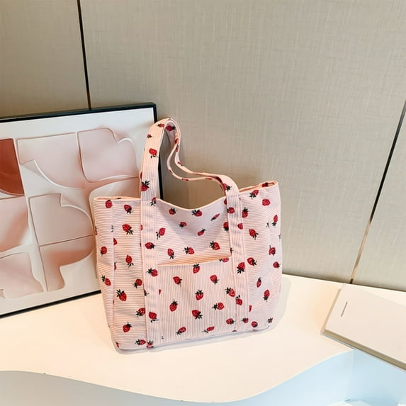 Storage and Organization, Corduroy Printed Storage Bag Large Capacity Shoulder Strawberry Canvas Bag, Home Gifts
