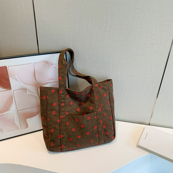 Storage and Organization, Corduroy Printed Storage Bag Large Capacity Shoulder Strawberry Canvas Bag, Women Gifts