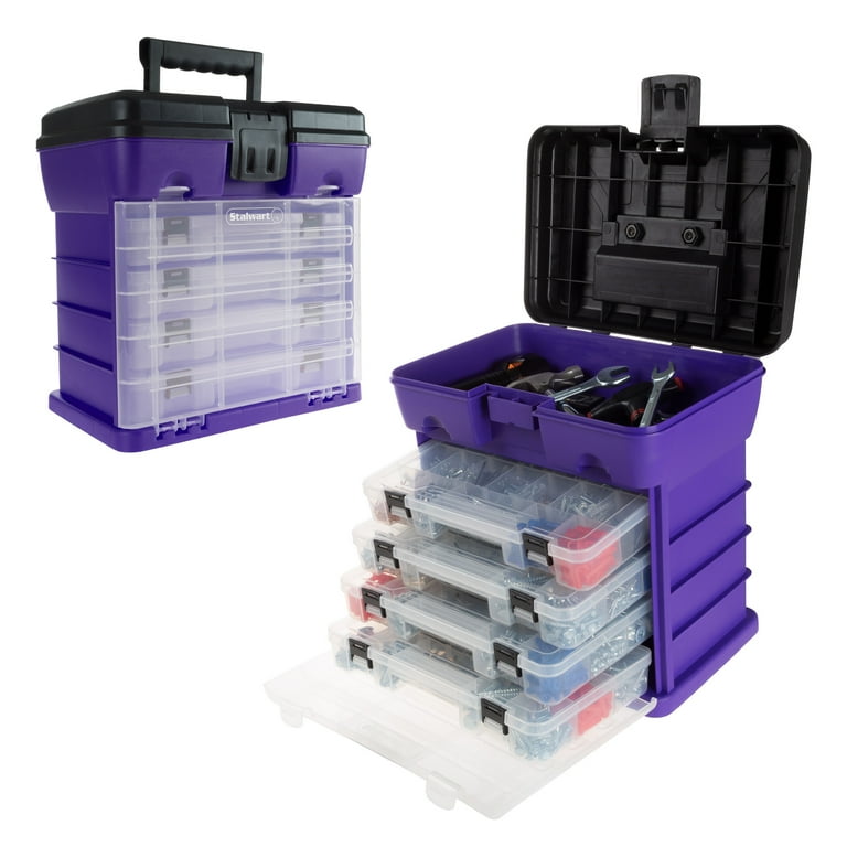 Storage and Tool Box-Durable Organizer Utility Box-4 Drawers with 19  Compartments Each for Hardware Fish Tackle Beads and More by Stalwart ( Purple) 