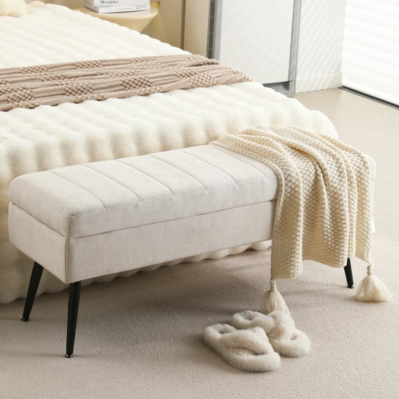 Storage bench end of bed ottoman, 43.3 inches entryway bench for living room Bedroom, linen cream