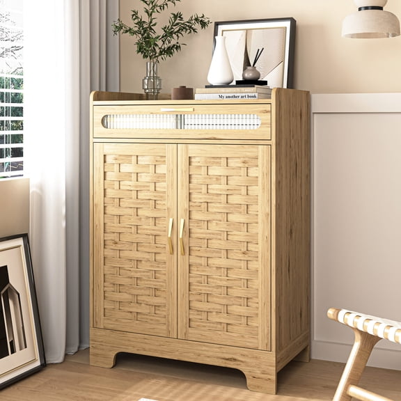 Storage cabinet with drawer and doors for kitchen coffee maker display